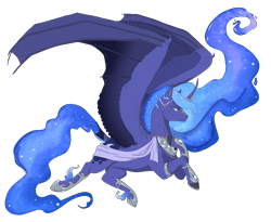 Size: 3300x2700 | Tagged: safe, artist:t3ssrina, princess luna, alicorn, pony, g4, armor, armored shin guards, bat wings, ethereal fetlocks, ethereal mane, ethereal tail, female, flying, high res, hoof on chest, horn, horn guard (armor), hybrid wings, mare, peytral, redesign, sash, simple background, slit pupils, smiling, solo, spread wings, starry mane, transparent background, wings