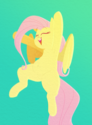 Size: 1155x1560 | Tagged: safe, artist:hattsy, fluttershy, pegasus, pony, armpits, belly, belly button, chubby, female, mare, open mouth, raised arms, smiling, solo, spread legs, spreading