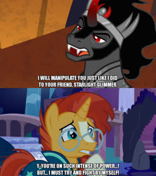 Size: 1280x1440 | Tagged: safe, edit, edited screencap, screencap, king sombra, sunburst, pony, unicorn, g4, student counsel, the beginning of the end, caption, clothes, comic, crown, curved horn, fangs, glasses, horn, jewelry, male, meme, regalia, robe, screencap comic, stallion, sunburst's cloak, sunburst's glasses, text, worried