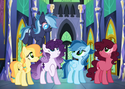Size: 2213x1585 | Tagged: safe, artist:soarindash10, oc, oc only, pony, base used, castle, cutie mark, earth pony oc, eye scar, group, hallway, horn, line-up, looking at each other, looking down, looking up, next generation, offspring, parent:big macintosh, parent:cheese sandwich, parent:flash sentry, parent:fluttershy, parent:pinkie pie, parent:rainbow dash, parent:soarin', parent:twilight sparkle, parents:cheesepie, parents:flashlight, parents:fluttermac, parents:soarindash, pegasus oc, scar, twilight's castle, unicorn oc