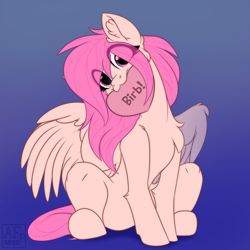 Size: 3500x3500 | Tagged: safe, artist:airfly-pony, part of a set, oc, oc only, oc:peach hack, pegasus, pony, birb, blue background, eye clipping through hair, female, heart, high res, looking at you, mare, mouth hold, simple background, sitting, ych result