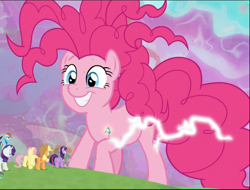 Size: 1244x943 | Tagged: safe, screencap, applejack, fluttershy, pinkie pie, rainbow dash, rarity, spike, twilight sparkle, alicorn, dragon, earth pony, pegasus, pony, unicorn, g4, the ending of the end, bell, chaos pinkie, cropped, faic, female, grogar's bell, lightning, mane seven, mane six, mare, smiling, solo focus, twilight sparkle (alicorn), winged spike, wings