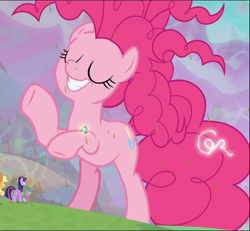 Size: 1018x941 | Tagged: safe, screencap, applejack, pinkie pie, spike, twilight sparkle, alicorn, dragon, pony, g4, the ending of the end, bell, chaos pinkie, chocolate, chocolate rain, cropped, eyes closed, faic, female, food, grogar's bell, male, rain, solo focus, twilight sparkle (alicorn), winged spike, wings
