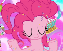 Size: 1151x936 | Tagged: safe, screencap, discord, pinkie pie, g4, the ending of the end, chaos pinkie, cropped, eyes closed, female, smiling, solo focus