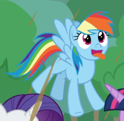 Size: 419x409 | Tagged: safe, screencap, rainbow dash, rarity, twilight sparkle, alicorn, pegasus, pony, unicorn, g4, the ending of the end, chocolate, chocolate rain, cropped, cute, dashabetes, female, flying, food, offscreen character, rain, silly face, solo focus, tongue out, twilight sparkle (alicorn)