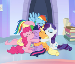 Size: 1098x937 | Tagged: safe, screencap, applejack, fluttershy, pinkie pie, rainbow dash, rarity, spike, twilight sparkle, alicorn, dragon, pony, g4, the ending of the end, cropped, cute, eyes closed, female, group, group hug, hug, male, mane seven, mane six, smiling, squishy cheeks, twilight sparkle (alicorn), winged spike, wings