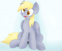 Size: 640x526 | Tagged: safe, artist:rainbow eevee, derpy hooves, pegasus, pony, g4, animated, behaving like a dog, cute, daaaaaaaaaaaw, derpabetes, eye shimmer, eyelashes, female, folded wings, hnnng, mare, open mouth, simple background, sitting, solo, tail wag, underhoof, wings, yellow eyes