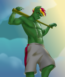Size: 1000x1184 | Tagged: safe, oc, oc only, oc:verdant spring, earth pony, anthro, abs, armpits, baseball bat, clothes, male, partial nudity, shorts, solo, topless