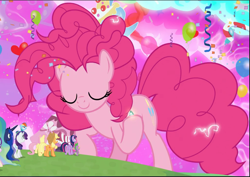 Size: 1331x943 | Tagged: safe, screencap, applejack, fluttershy, pinkie pie, princess luna, rainbow dash, rarity, spike, twilight sparkle, alicorn, dragon, pony, g4, the ending of the end, bell, chaos pinkie, cropped, eyes closed, female, giant pony, grogar's bell, macro, male, mane seven, mane six, twilight sparkle (alicorn), winged spike, wings