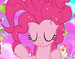 Size: 1190x936 | Tagged: safe, screencap, discord, pinkie pie, earth pony, pony, g4, the ending of the end, bell, chaos pinkie, cropped, eyes closed, female, giant pony, grogar's bell, macro, smiling, solo focus