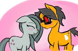 Size: 881x575 | Tagged: safe, artist:a.s.e, marble pie, oc, oc:a.s.e, earth pony, pony, g4, canon x oc, couple, duo, female, floppy ears, glasses, happy, male, mare, pink background, shipping, simple background, smiling, stallion, together