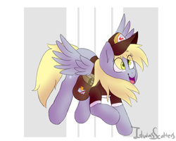 Size: 2177x1745 | Tagged: safe, artist:itwasscatters, derpy hooves, pegasus, pony, g4, abstract background, derpy day, derpy day 2020, eye clipping through hair, female, flying, hat, mailmare, mailpony, mare, simple background, solo, spread wings, wings