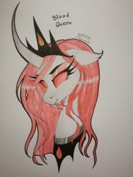 Size: 780x1040 | Tagged: safe, artist:princesslunka10, oc, oc only, oc:blood queen, pony, unicorn, vampire, bust, curved horn, fangs, female, floppy ears, horn, mare, no pupils, portrait, solo, traditional art