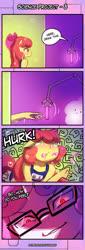 Size: 550x1622 | Tagged: safe, artist:lumineko, apple bloom, sweetie belle, earth pony, unicorn, anthro, apple bloomers, comic:science project, g4, 4koma, clothes, cloud, comic, keikaku means plan, one-piece swimsuit, red eyes, sukumizu, swimsuit, this will end in death