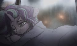 Size: 2500x1500 | Tagged: safe, artist:radioaxi, starlight glimmer, pony, unicorn, g4, blanket, crying, female, floppy ears, frown, mare, messy mane, one eye closed, rain, sad, solo, window