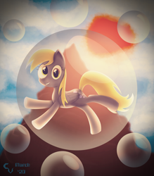 Size: 4242x4835 | Tagged: safe, artist:cosmikvek, derpy hooves, pegasus, pony, g4, bubble, derpy day, derpy day 2020, female, floating, looking at you, mountain, sky, smiling, solo, sun