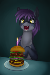 Size: 2000x3000 | Tagged: safe, artist:stray prey, oc, oc only, oc:spring tide, original species, shark, shark pony, burger, candle, female, food, high res, loss (meme), meat, ponies eating meat, sharp teeth, solo, teeth, volumetric mouth