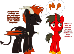 Size: 3264x2397 | Tagged: safe, artist:shadymeadow, oc, oc:flaring ash, oc:fried egg, demon, demon pony, original species, pony, unicorn, food, high res, male, meat, ponies eating meat, simple background, stallion, thought bubble, transparent background