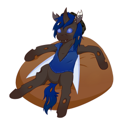 Size: 1000x981 | Tagged: safe, artist:guiltyp, oc, oc only, oc:bluey, changeling, armpits, beanbag chair, blue changeling, clothes, simple background, solo, transparent background, vest
