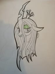 Size: 780x1040 | Tagged: safe, artist:princesslunka10, queen chrysalis, changeling, changeling queen, g4, bust, crown, female, jewelry, monochrome, partial color, portrait, regalia, solo, traditional art