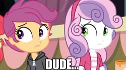 Size: 2046x1145 | Tagged: safe, artist:dwk, edit, edited screencap, screencap, apple bloom, scootaloo, sweetie belle, totally legit recap, equestria girls, g4, my little pony equestria girls: rainbow rocks, caption, cutie mark crusaders, image macro, meme, text