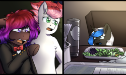 Size: 3600x2150 | Tagged: artist needed, safe, oc, oc:equui-nox, oc:shaded star, oc:swift apex, pegasus, pony, unicorn, semi-anthro, arm hooves, chest fluff, fluffy, high res, meme, vegetables, woman yelling at a cat, ych result