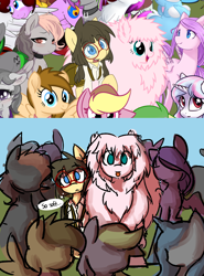 Size: 1030x1390 | Tagged: safe, artist:spheedc, oc, oc only, oc:fluffle puff, oc:harmonic tune, oc:harmony star, oc:sphee, earth pony, semi-anthro, derpibooru community collaboration, :p, arm hooves, clothes, digital art, female, filly, glasses, mare, thought bubble, tongue out