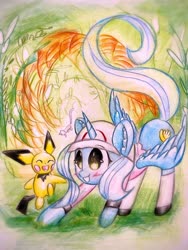 Size: 774x1032 | Tagged: safe, artist:stardust0130, oc, oc:fleurbelle, alicorn, mew, pichu, pony, adorabelle, alicorn oc, cap, clothes, cute, duo focus, ear fluff, female, forest, forest background, hat, horn, kneesocks, mare, pokémon, shoes, smiling, socks, sweet, traditional art, trio