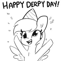 Size: 2250x2250 | Tagged: safe, artist:tjpones, derpy hooves, pegasus, pony, g4, chest fluff, confetti, derpy day, derpy day 2020, female, grayscale, high res, mare, monochrome, open mouth, simple background, solo, white background