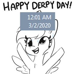 Size: 2250x2250 | Tagged: safe, alternate version, artist:tjpones, derpy hooves, pegasus, pony, g4, calendar, chest fluff, clock, derpy day, derpy day 2020, female, high res, mare, microsoft, microsoft windows, open mouth, simple background, solo, sweat, taskbar, white background