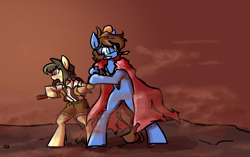 Size: 3080x1932 | Tagged: safe, artist:spheedc, oc, oc:bizarre song, oc:sphee, earth pony, pegasus, semi-anthro, arm hooves, baseball bat, cape, clothes, commission, female, glasses, gradient background, male, mare, smoke, stallion, wrench