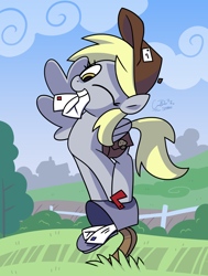 Size: 2262x3000 | Tagged: safe, artist:coaldustthestrange, derpy hooves, pegasus, pony, g4, cute, derpabetes, derpy day, derpy day 2020, female, hat, high res, letter, looking at you, mail, mailbag, mailbox, mailmare, mailmare hat, mare, mouth hold, one eye closed, perching, scenery, smiling, solo, wink
