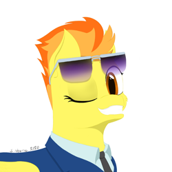 Size: 1500x1500 | Tagged: safe, artist:shoophoerse, spitfire, pegasus, pony, g4, clothes, female, grin, looking at you, one eye closed, signature, simple background, smiling, smiling at you, solo, spitfire's tie, sunglasses, uniform, white background, wink, winking at you, wonderbolts dress uniform