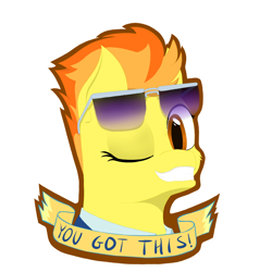 Size: 1500x1500 | Tagged: safe, artist:shoophoerse, spitfire, pegasus, pony, g4, banner, clothes, female, grin, looking at you, motivational, one eye closed, outline, simple background, smiling, smiling at you, solo, sunglasses, text, uniform, white background, wink, winking at you, wonderbolts dress uniform, you got this