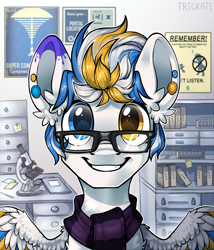 Size: 2200x2565 | Tagged: safe, alternate version, artist:trickate, oc, oc only, oc:alan techard, pegasus, pony, rcf community, aperture science, bust, clothes, high res, laboratory, looking at you, male, portal (valve), portrait, poster, scarf, solo, stallion