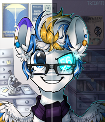 Size: 2200x2565 | Tagged: safe, alternate version, artist:trickate, oc, oc only, oc:alan techard, pegasus, pony, rcf community, two sided posters, aperture science, bust, clothes, high res, laboratory, male, portal (valve), portrait, poster, scarf, solo, stallion