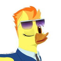 Size: 1500x1500 | Tagged: safe, artist:shoophoerse, edit, spitfire, bird, duck pony, pegasus, pony, g4, clothes, duck bill, female, looking at you, one eye closed, quackfire, signature, simple background, solo, spitfire's tie, sunglasses, uniform, white background, wink, winking at you, wonderbolts dress uniform
