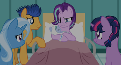 Size: 1024x553 | Tagged: safe, artist:pegasister64, flash sentry, starlight glimmer, trixie, twilight sparkle, oc, pony, g4, baby, baby pony, base used, bed, family, female, hospital bed, lesbian, magical lesbian spawn, offspring, parent:starlight glimmer, parent:trixie, parents:startrix, ship:startrix, shipping
