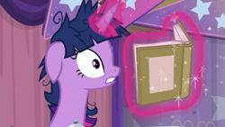 Size: 1920x1080 | Tagged: safe, screencap, twilight sparkle, alicorn, pony, a trivial pursuit, g4, bell, book, female, floppy ears, messy mane, solo, twilight sparkle (alicorn)