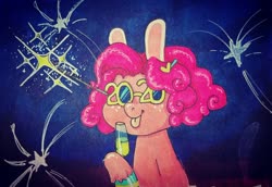 Size: 1280x881 | Tagged: safe, artist:ask-pinkie-polkadot-pie, pinkie pie, pony, tumblr:ask-pinkie-polkadot-pie, g4, 2020 glasses, alcohol, champagne, female, fireworks, solo, wine, younger