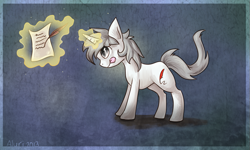 Size: 833x499 | Tagged: safe, artist:avui, oc, oc only, unnamed oc, pony, unicorn, fanfic, magic, quill, scroll, solo, tongue out