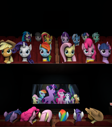 Size: 1280x1441 | Tagged: safe, artist:lance-pizon, edit, edited screencap, screencap, applejack, bon bon, dj pon-3, fluttershy, lyra heartstrings, octavia melody, pinkie pie, rainbow dash, rarity, spike, sunset shimmer, sweetie drops, twilight sparkle, vinyl scratch, alicorn, earth pony, pegasus, pony, unicorn, g4, my little pony: the movie, 3d, cinema, food, mane seven, mane six, popcorn, source filmmaker, twilight sparkle (alicorn)