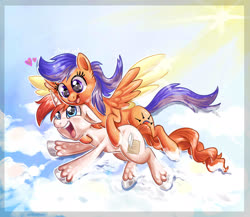 Size: 1927x1675 | Tagged: safe, artist:avui, oc, oc only, unnamed oc, earth pony, pegasus, pony, couple, flying
