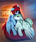 Size: 1080x1280 | Tagged: safe, artist:shoggoth-tan, oc, oc only, pegasus, pony, beanbag chair, blushing, chest fluff, cuddling, cute, duo, ear fluff, female, fire, fireplace, floppy ears, fluffy, male, mare, stallion, tongue out, wings