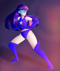 Size: 4000x4750 | Tagged: safe, artist:espytop, twilight sparkle, human, g4, boots, female, humanized, magic gaia, request, requested art, shoes, solo, superhero, thigh boots