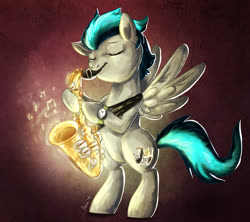 Size: 1691x1500 | Tagged: safe, artist:avui, oc, oc only, pegasus, pony, music, music notes, musical instrument, saxophone, solo, watch