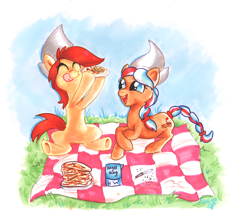 Size: 1462x1275 | Tagged: safe, artist:avui, oc, oc only, oc:canni soda, oc:ember, oc:ember (hwcon), earth pony, pony, galacon, hearth's warming con, duo, eating, female, food, lunch, mare, mascot, pancakes, picnic, picnic blanket, underhoof