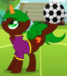Size: 1280x1439 | Tagged: safe, artist:razorbladetheunicron, oc, oc only, oc:razor blade, pony, unicorn, alternate hairstyle, base used, bow, clothes, colored horn, hair bow, horn, jacket, ponytail, soccer field, solo, zipper