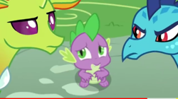 Size: 496x277 | Tagged: safe, screencap, princess ember, spike, thorax, changedling, changeling, dragon, g4, triple threat, ember is not amused, king thorax, looking at each other, nervous, ponyville, thorax is not amused, youtube
