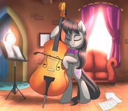 Size: 2048x1766 | Tagged: safe, artist:kaylerustone, octavia melody, earth pony, pony, g4, bipedal, bow (instrument), cello, couch, eyes closed, female, indoors, mare, musical instrument, sheet music, smiling, solo, vinyl and octavia's home